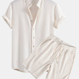 Waffle Textured Stand Collar Shirt with Drawstring Waffle Shorts