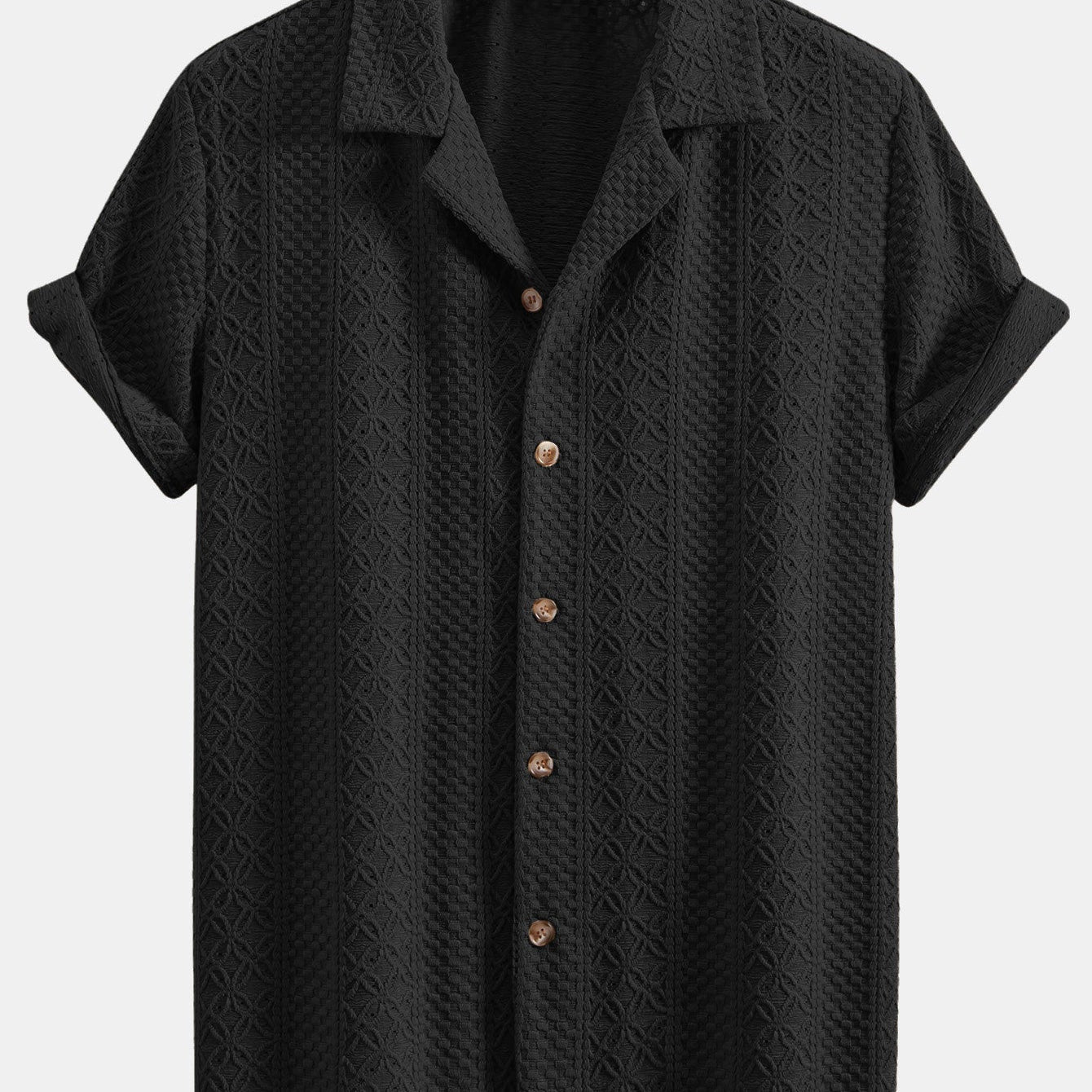 Floral Patterned Jacquard Cuban Shirt with Checkerboard Design