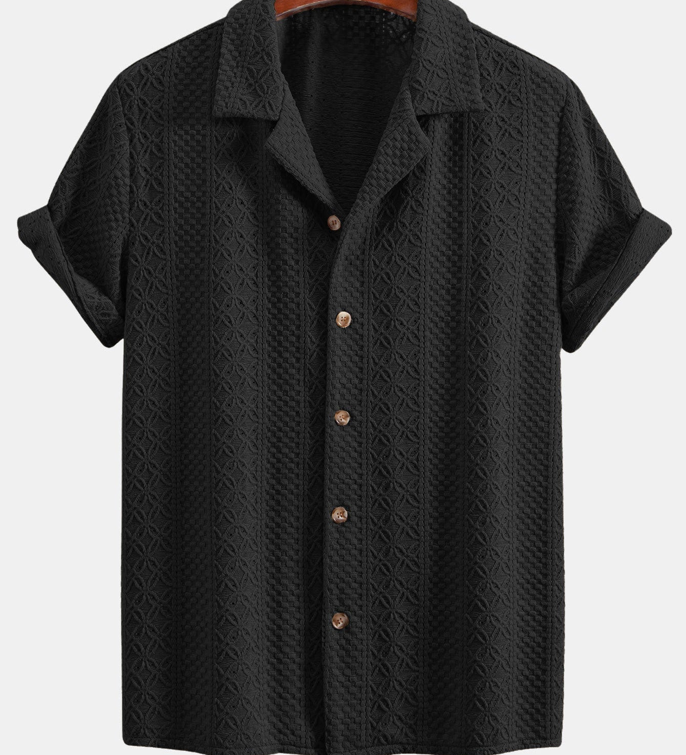 Floral Patterned Jacquard Cuban Shirt with Checkerboard Design