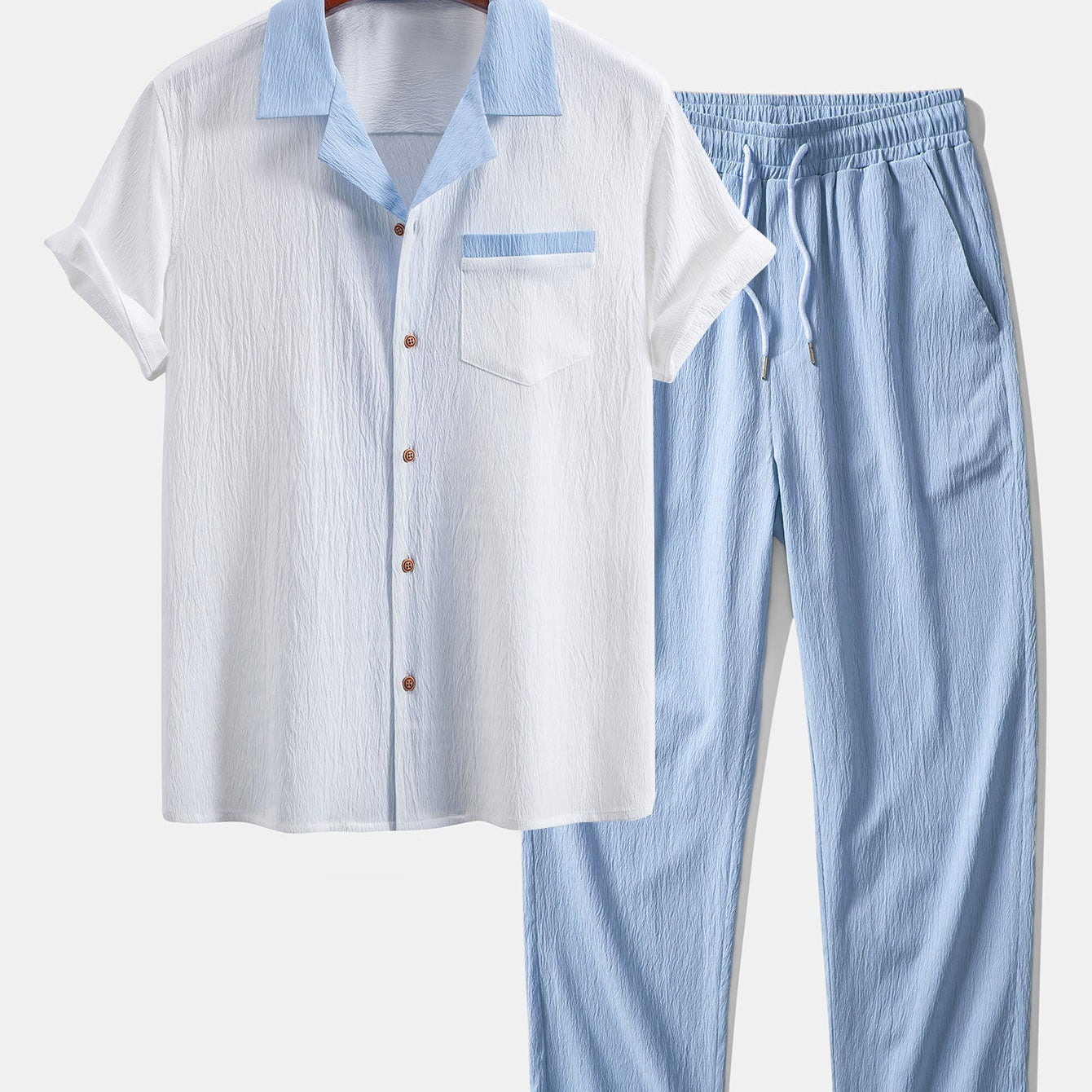 Textured Cuban Shirt with Contrast Details & Straight-Leg Trousers