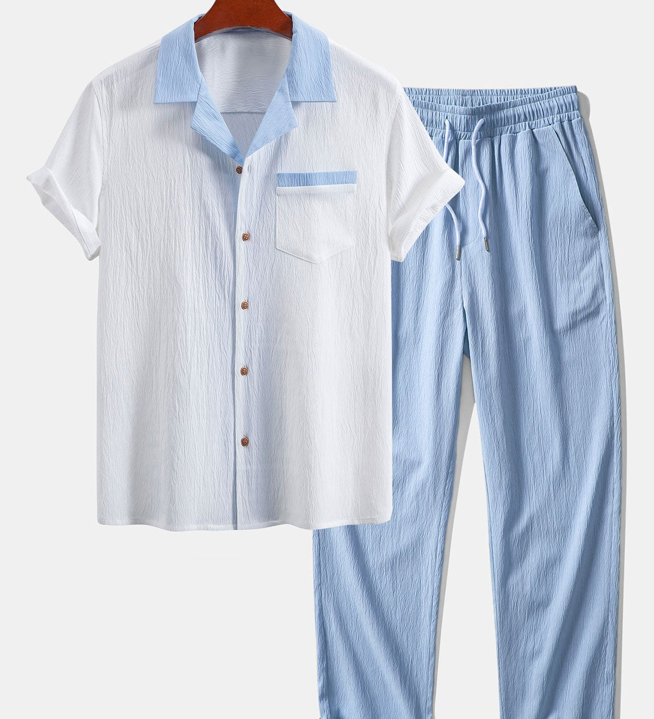 Textured Cuban Shirt with Contrast Details & Straight-Leg Trousers