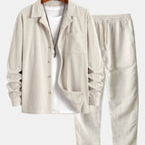 Corduroy Long Sleeve Cuban Collar Shirt with Straight Leg Linen Trousers