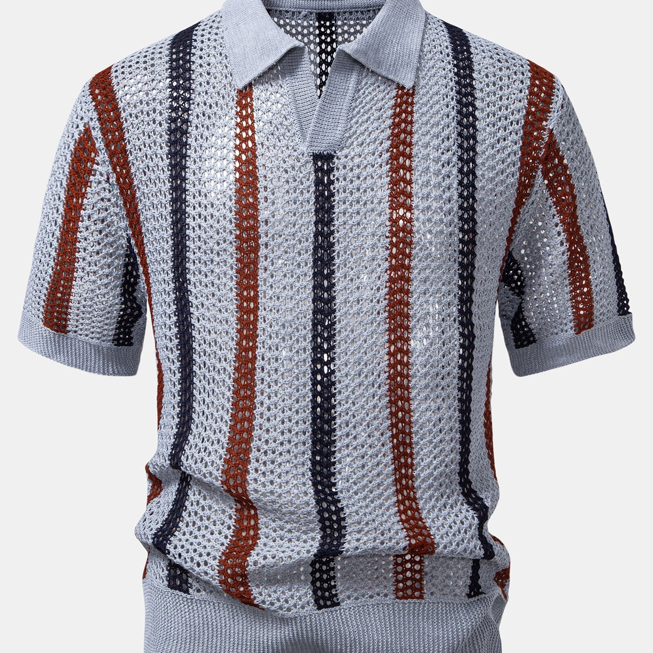 V-Neck Striped Crochet Polo