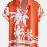 Palm Tree Print Button-Up Shirt with Matching Mid-Length Drawstring Swim Shorts for Men