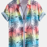 Button-Up Shirt with Palm Tree and Seagull Print