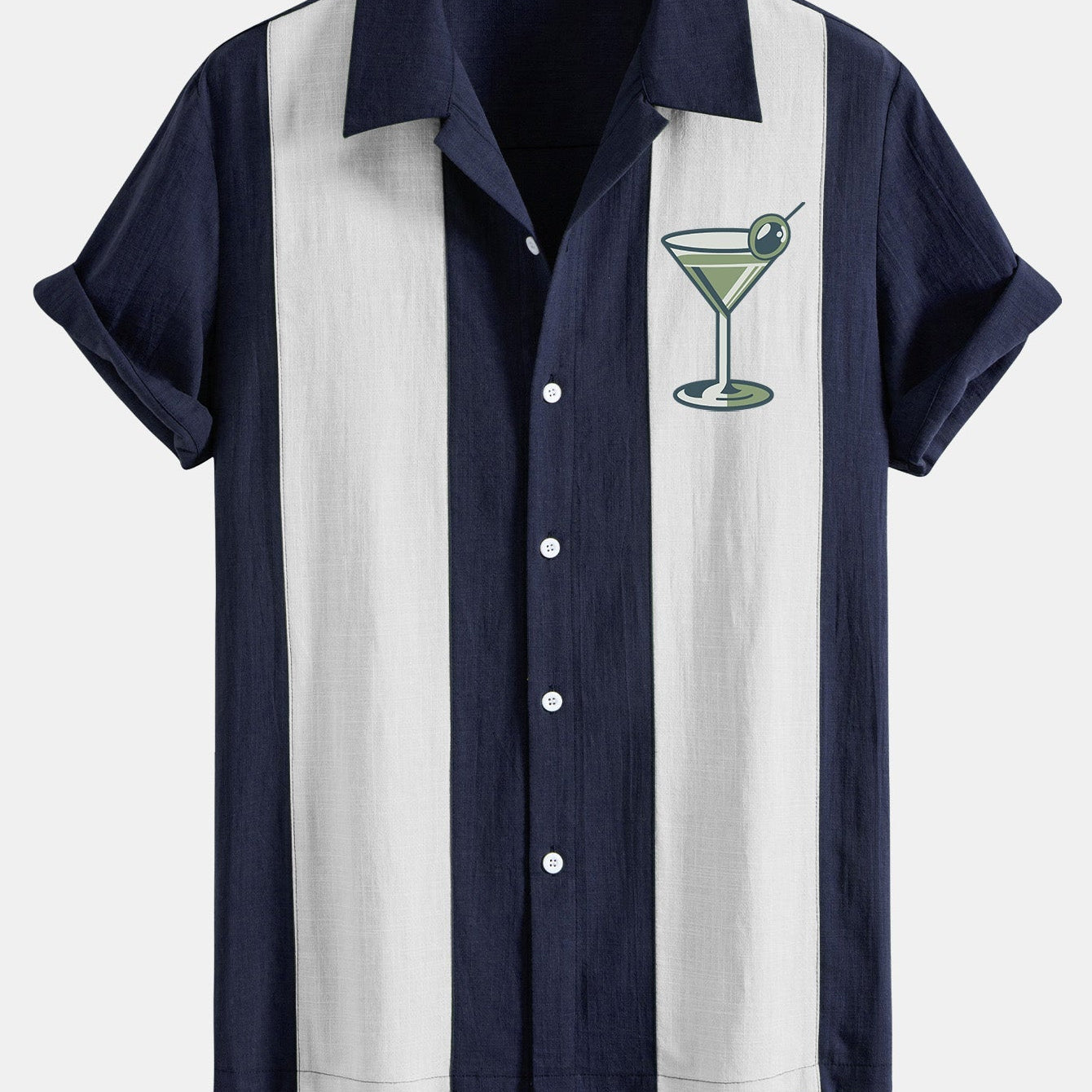 Retro Martini Cocktail Print Linen-Style Patchwork Bowling Shirt