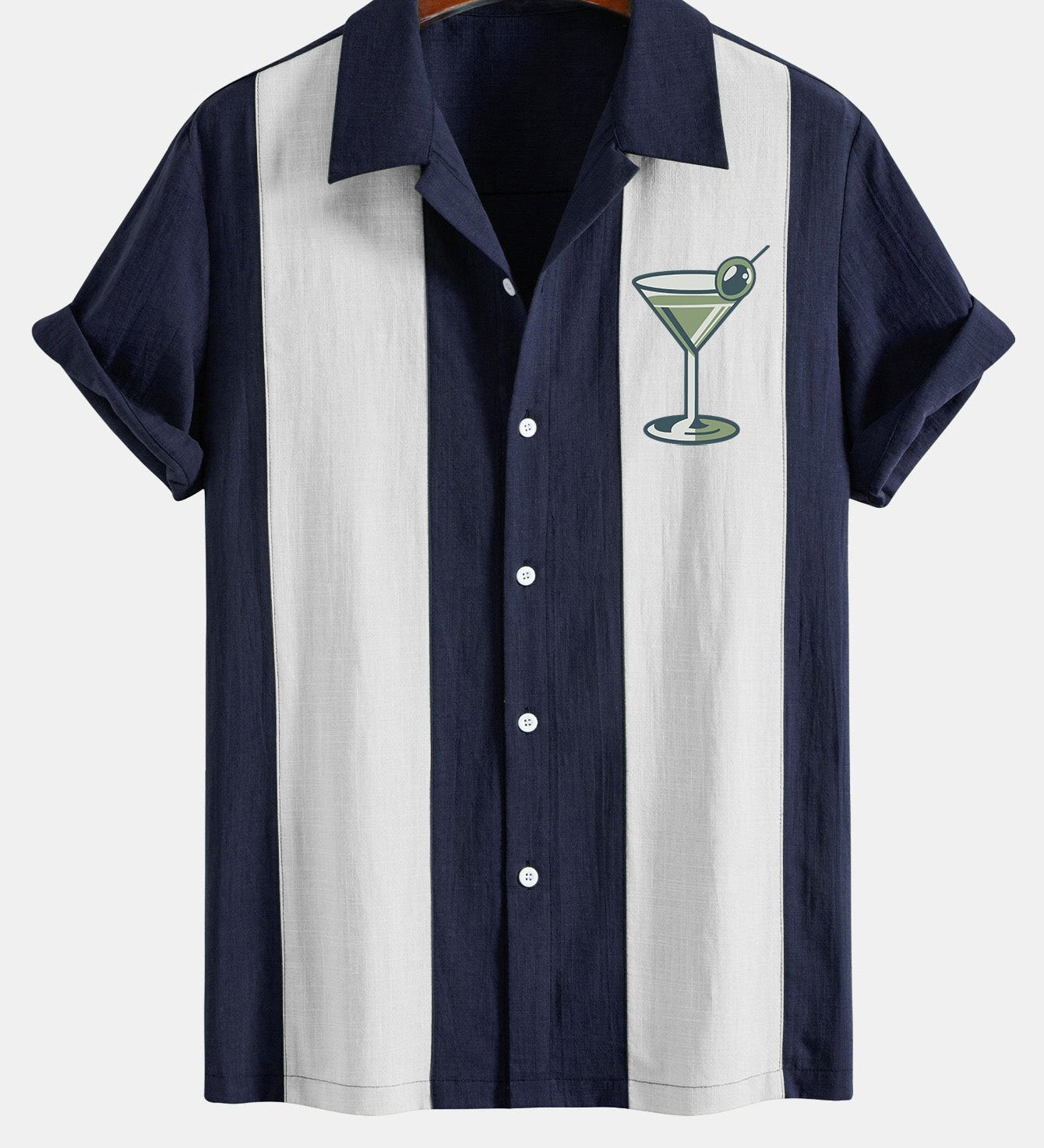Retro Martini Cocktail Print Linen-Style Patchwork Bowling Shirt