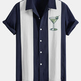 Retro Martini Cocktail Print Linen-Style Patchwork Bowling Shirt