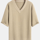 Relaxed Fit Geometric Jacquard V-Neck T-Shirt with Three-Quarter Sleeves and Shorts