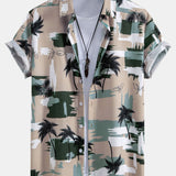 Color Block Palm Tree Print Button-Up Shirt with Matching Swim Shorts