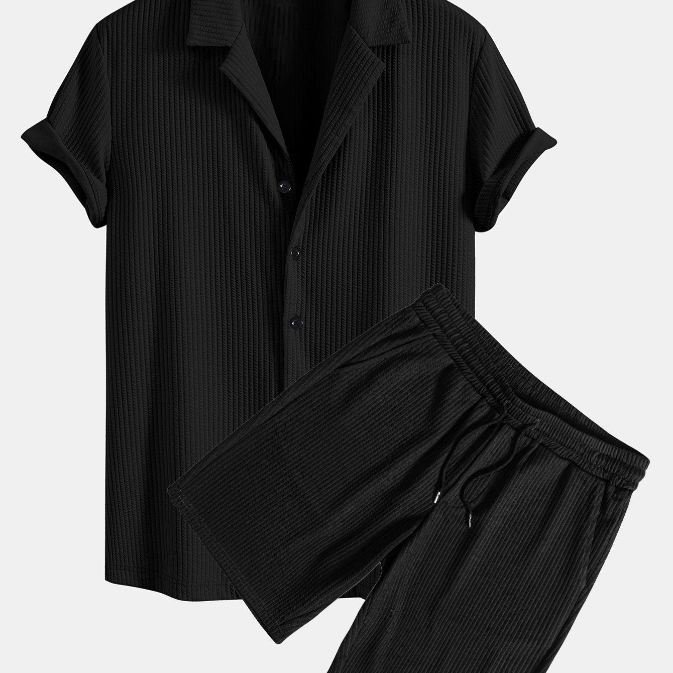 Ribbed Muscle Fit Cuban Shirt with Drawstring Ribbed Shorts