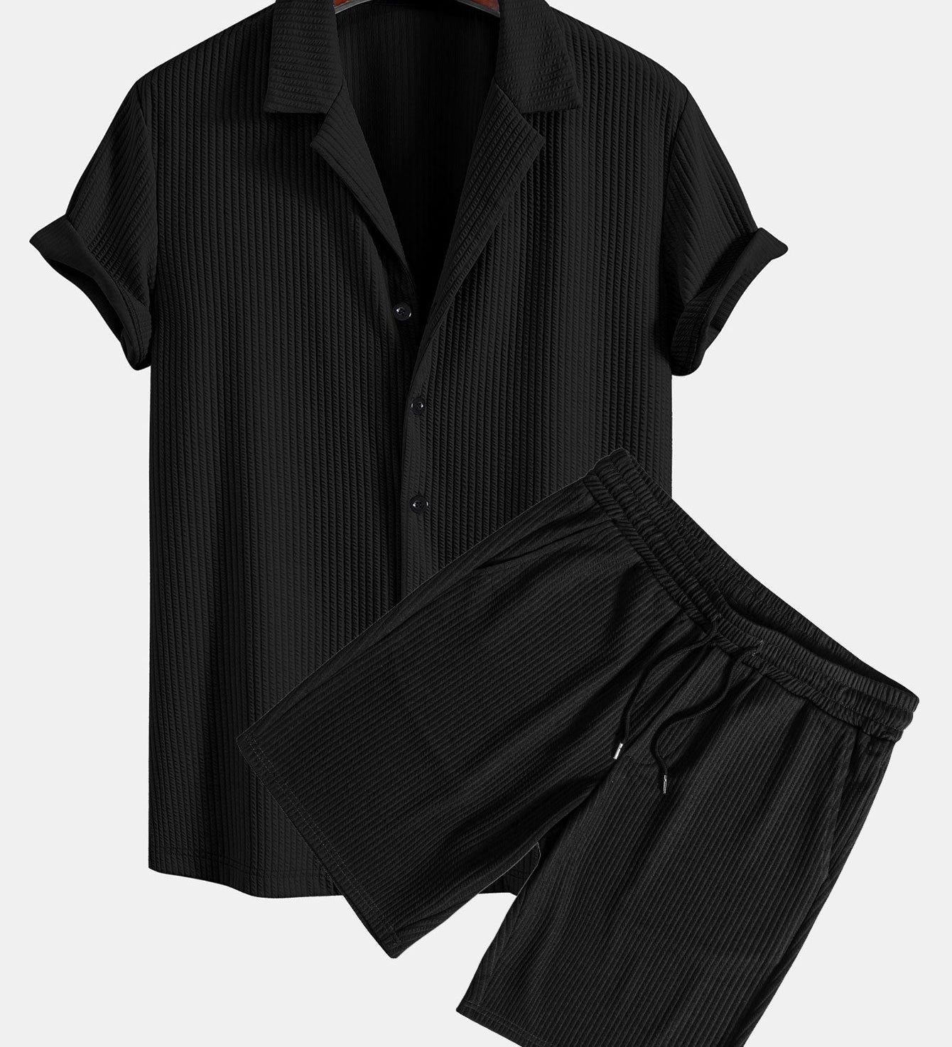 Ribbed Muscle Fit Cuban Shirt with Drawstring Ribbed Shorts
