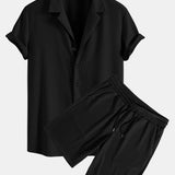 Ribbed Muscle Fit Cuban Shirt with Drawstring Ribbed Shorts