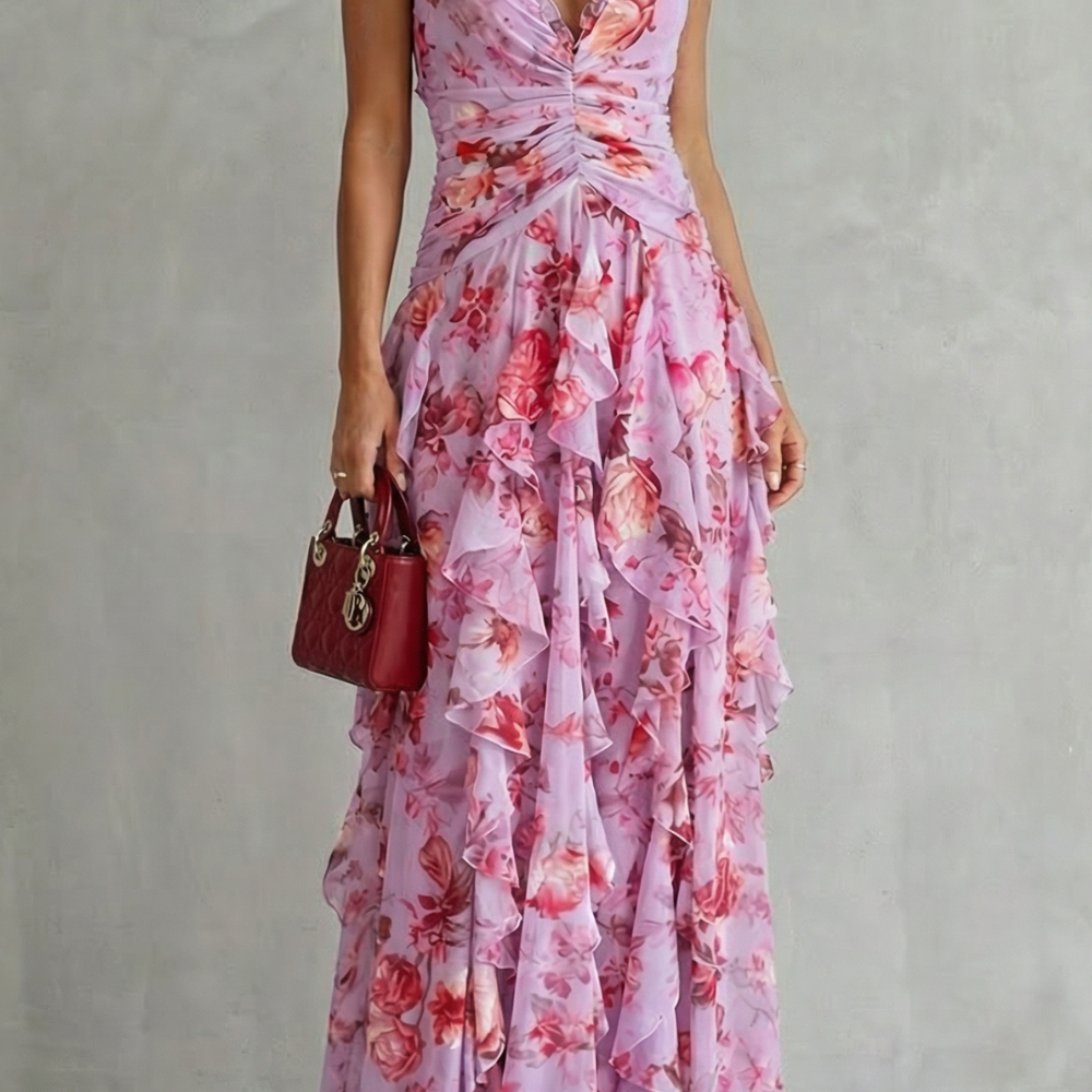 Belladina | Romantica Cascata di Rose Abito lungo con Scollo All'Americana