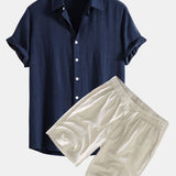 Button-Up Shirt and Drawstring Shorts Set in Linen-Rayon Blend