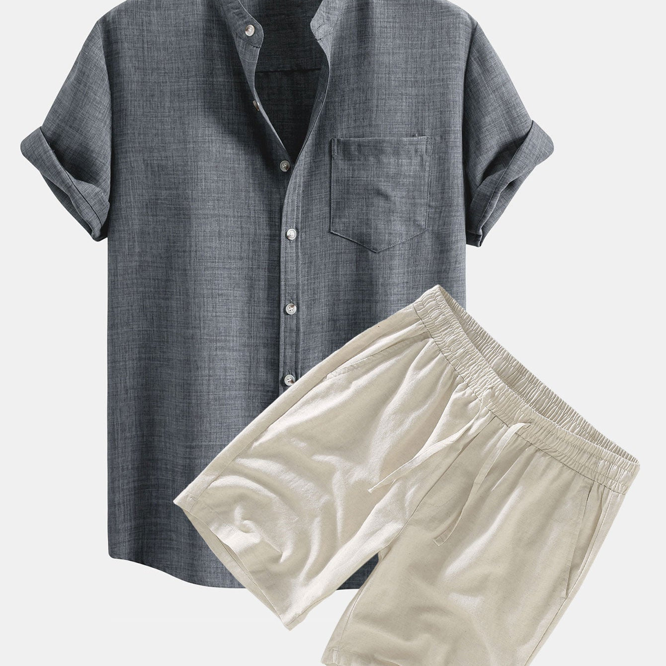 Short Sleeve Stand Collar Shirt with Linen Drawstring Shorts