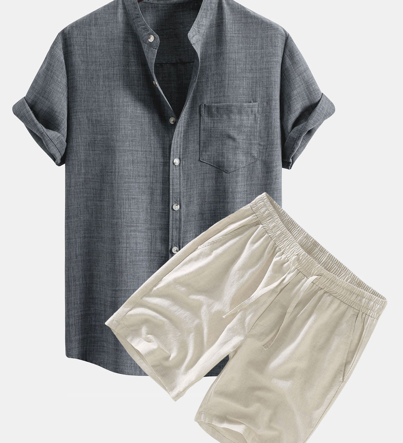 Short Sleeve Stand Collar Shirt with Linen Drawstring Shorts