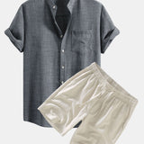 Short Sleeve Stand Collar Shirt with Linen Drawstring Shorts