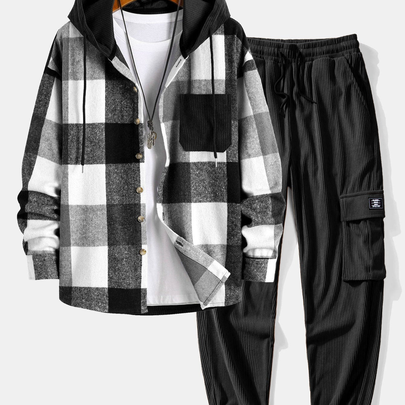 Cozy Flannel Plaid Hooded Shirt with Corduroy Patchwork & Matching Cargo Jogger Pants