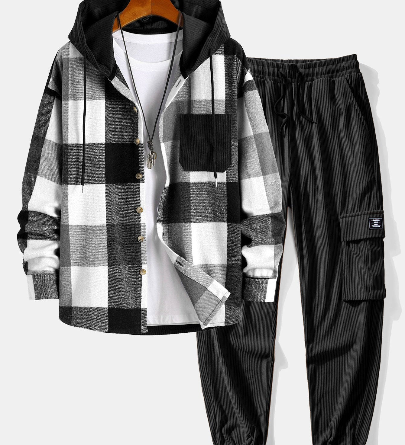 Cozy Flannel Plaid Hooded Shirt with Corduroy Patchwork & Matching Cargo Jogger Pants