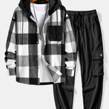 Cozy Flannel Plaid Hooded Shirt with Corduroy Patchwork & Matching Cargo Jogger Pants