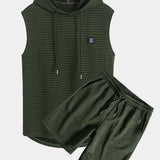Waffle Knit Sleeveless Hooded Vest and Drawstring Shorts Set
