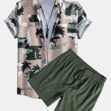 Color Block Palm Tree Print Button-Up Shirt with Matching Swim Shorts