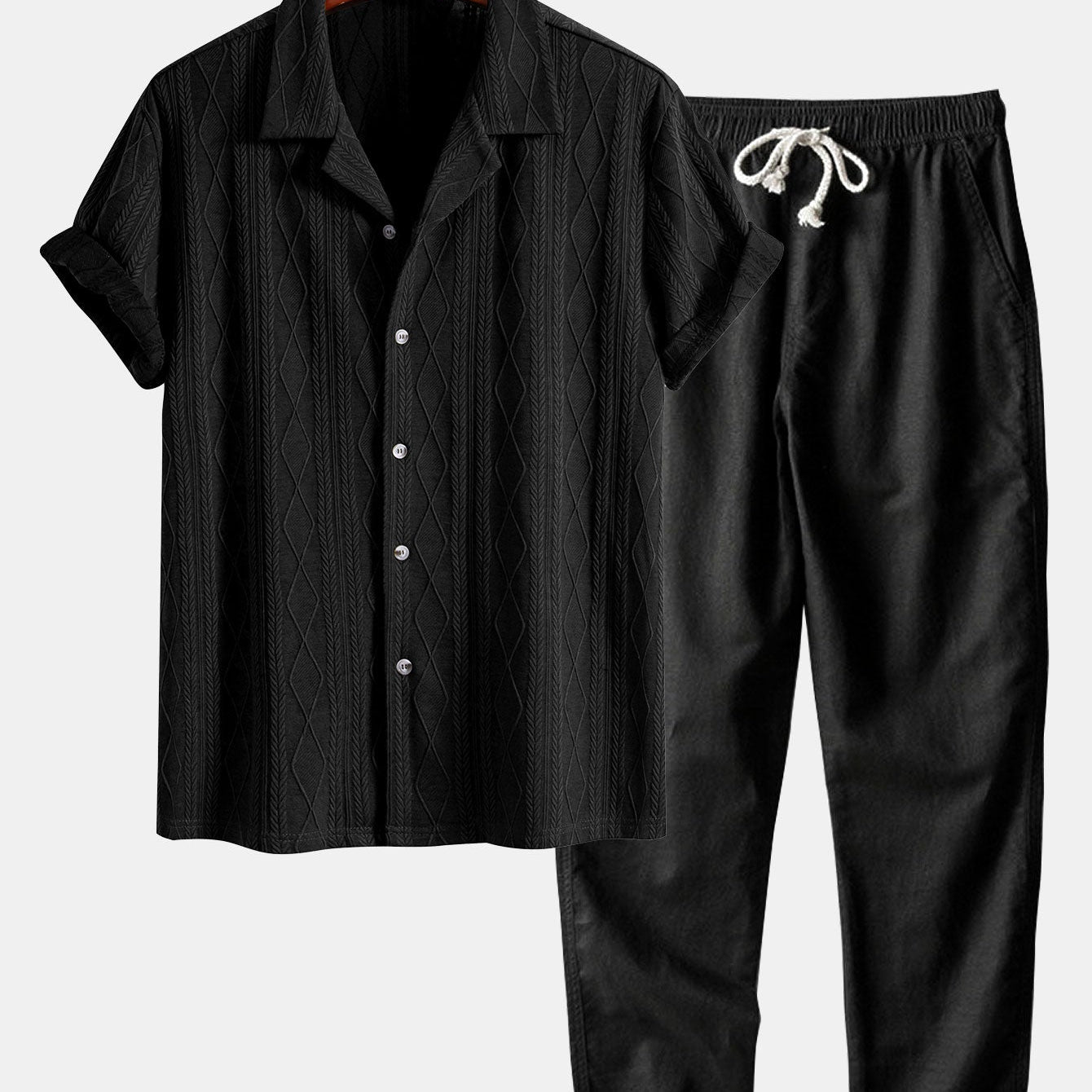 Geometric Rhombus Jacquard Knit Cuban Shirt with Straight Leg Linen Trousers