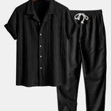 Geometric Rhombus Jacquard Knit Cuban Shirt with Straight Leg Linen Trousers
