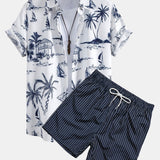 Island-Inspired Button-Up Shirt & Striped Swim Shorts Set