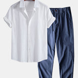 Linen-Style Cotton Button-Up Shirt with Straight-Leg Linen-Cotton Blend Pants