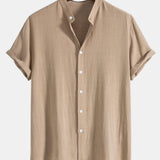 Linen-Rayon Blend Stand Collar Shirt with Linen-Cotton Blend Drawstring Shorts