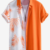 Button-Up Shirt with Leaf Print Patchwork Design