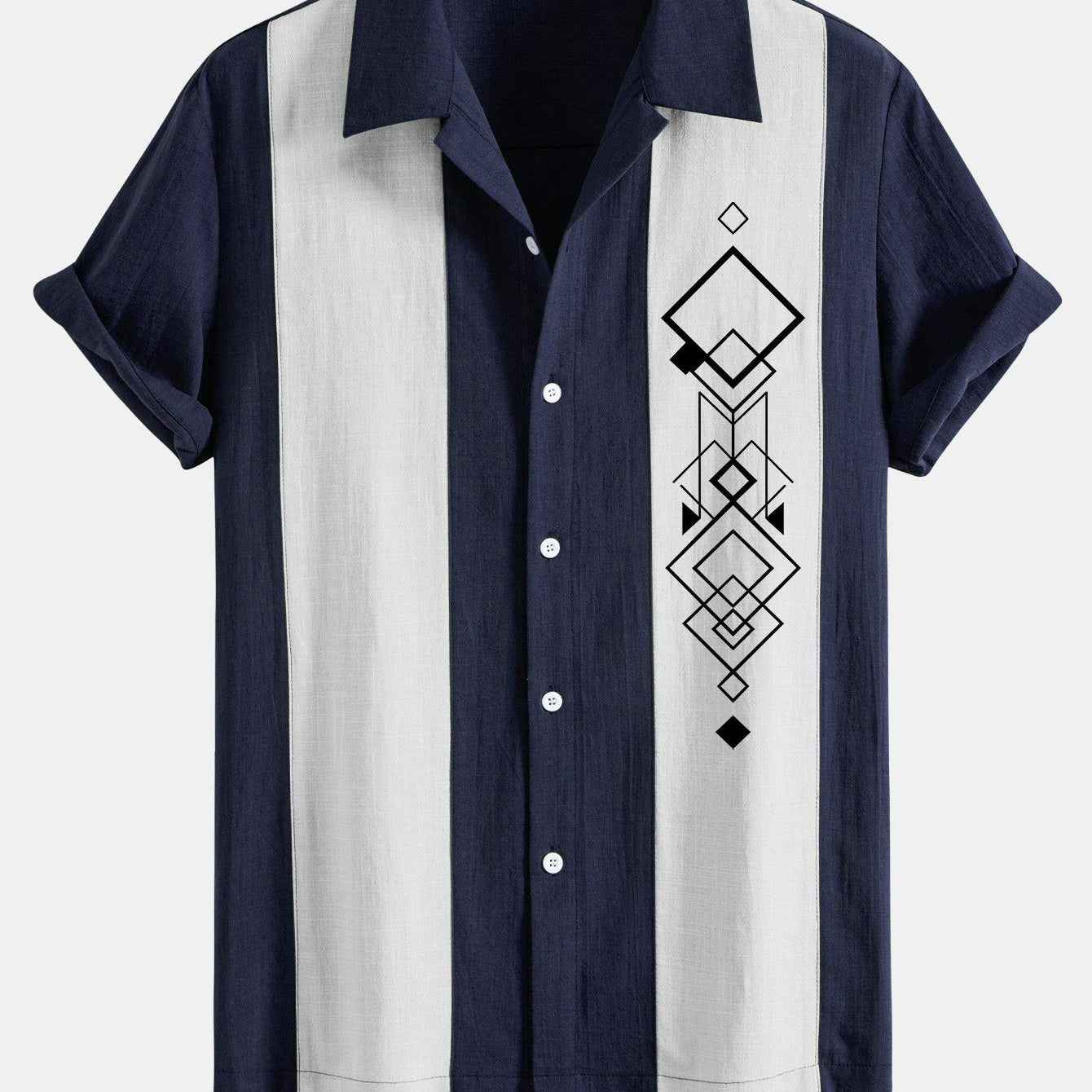 Geometric Rhombus Print Linen-Style Patchwork Bowling Shirt