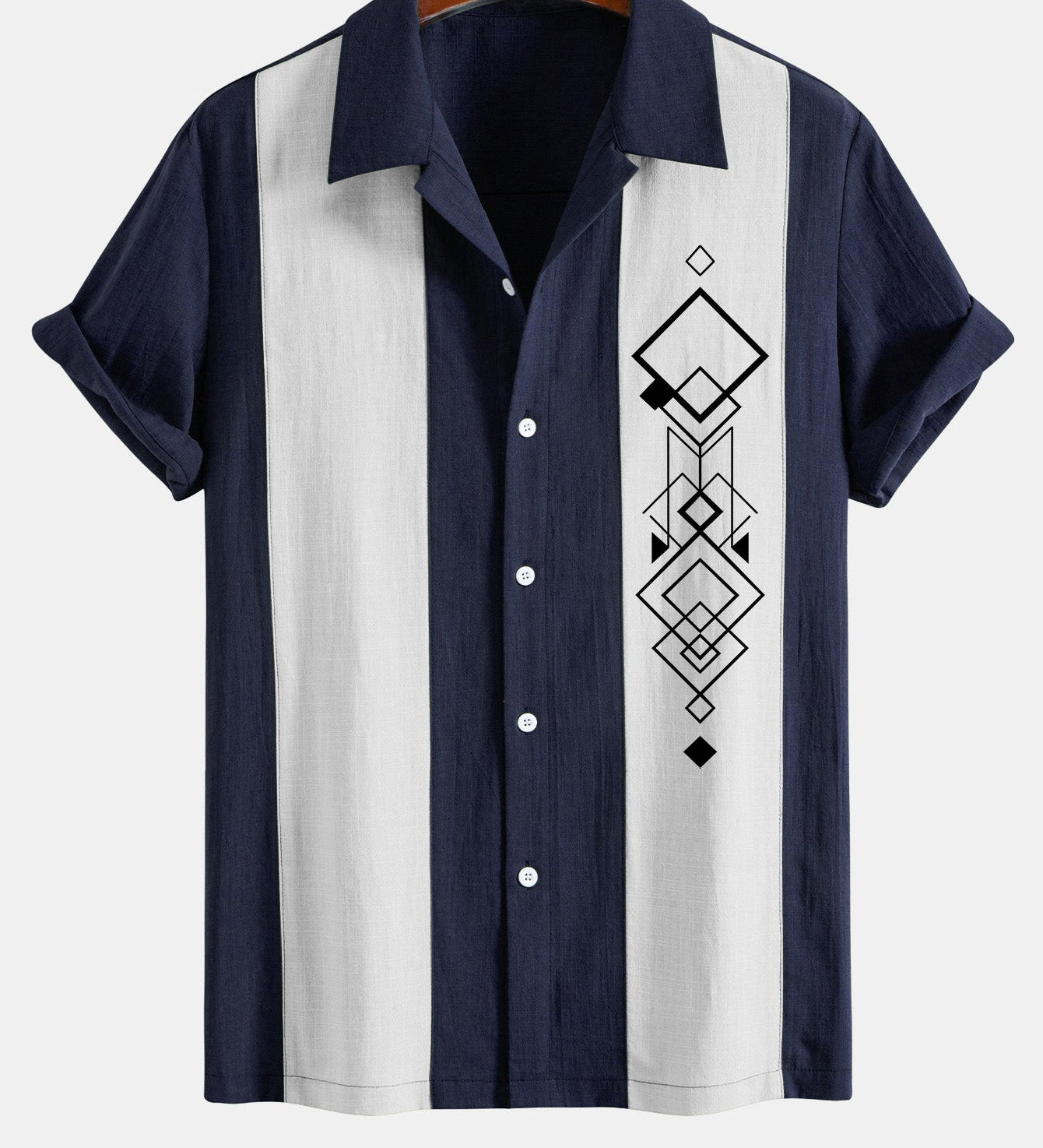 Geometric Rhombus Print Linen-Style Patchwork Bowling Shirt