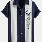 Geometric Rhombus Print Linen-Style Patchwork Bowling Shirt