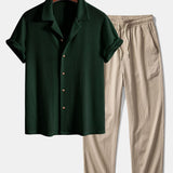 Cuban Collar Short Sleeve Knitted Waffle Shirt with Crinkle Textured Straight Leg Pants