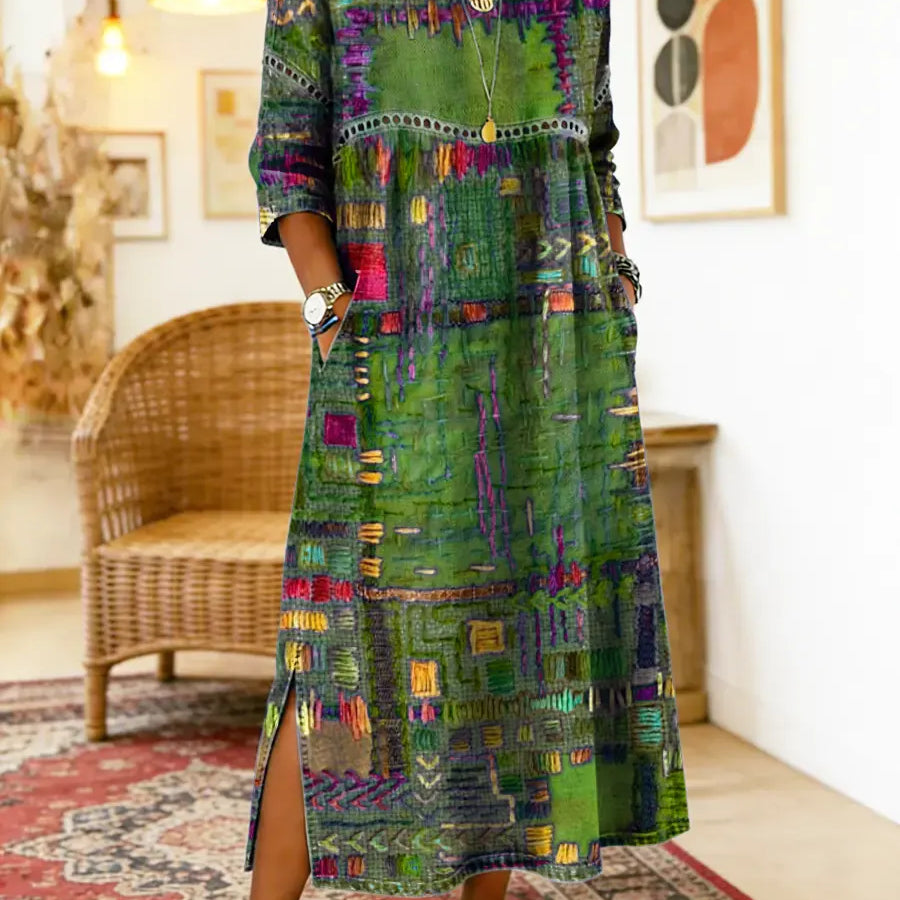 RENATA – Spalvinga džinsinė patchwork suknelė