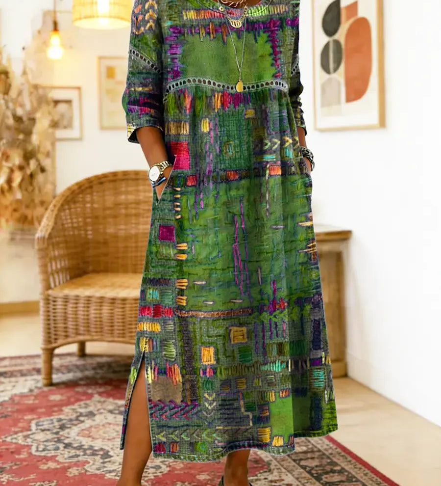 RENATA – Spalvinga džinsinė patchwork suknelė