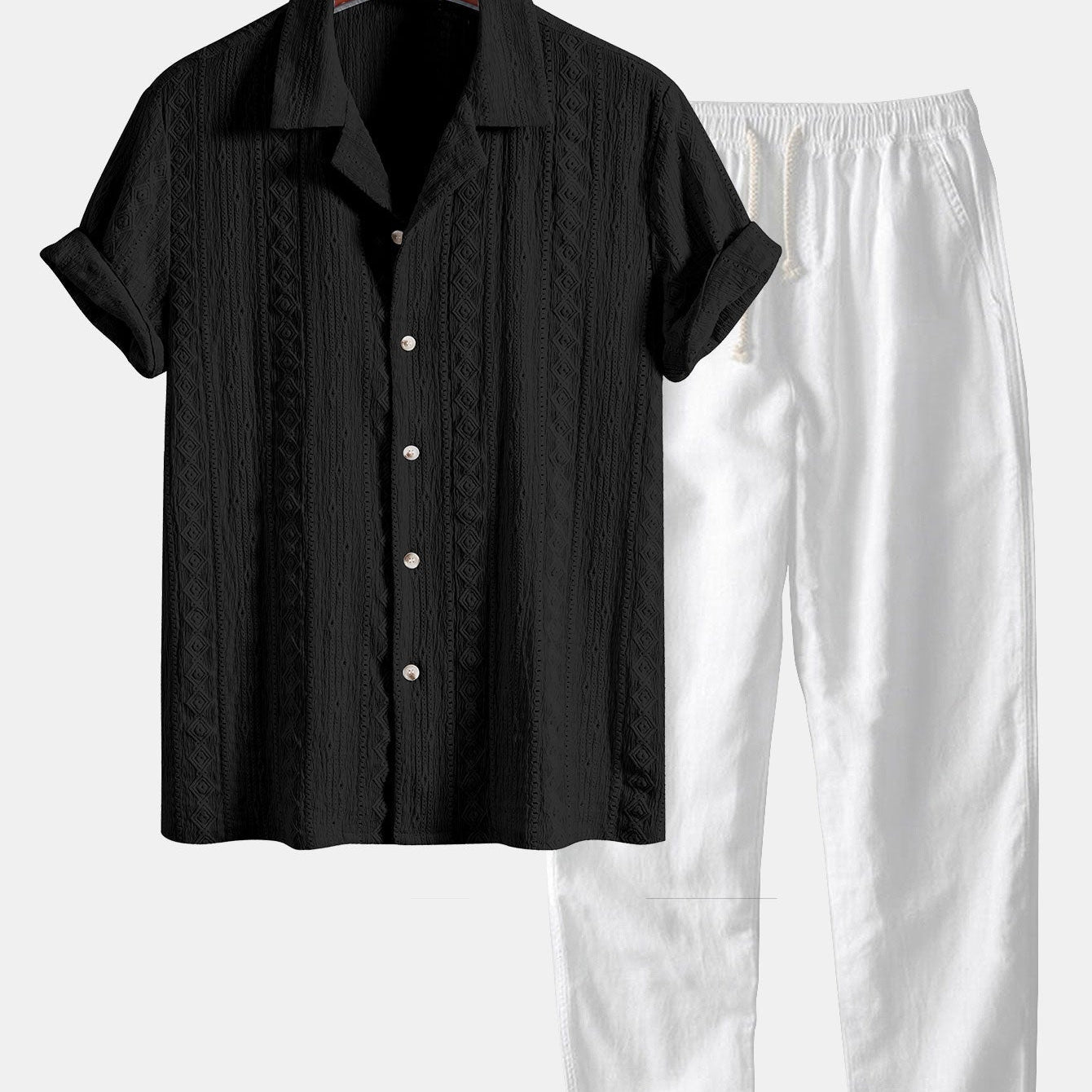 Geometric Jacquard Cuban Shirt with Straight-Leg Linen Trousers