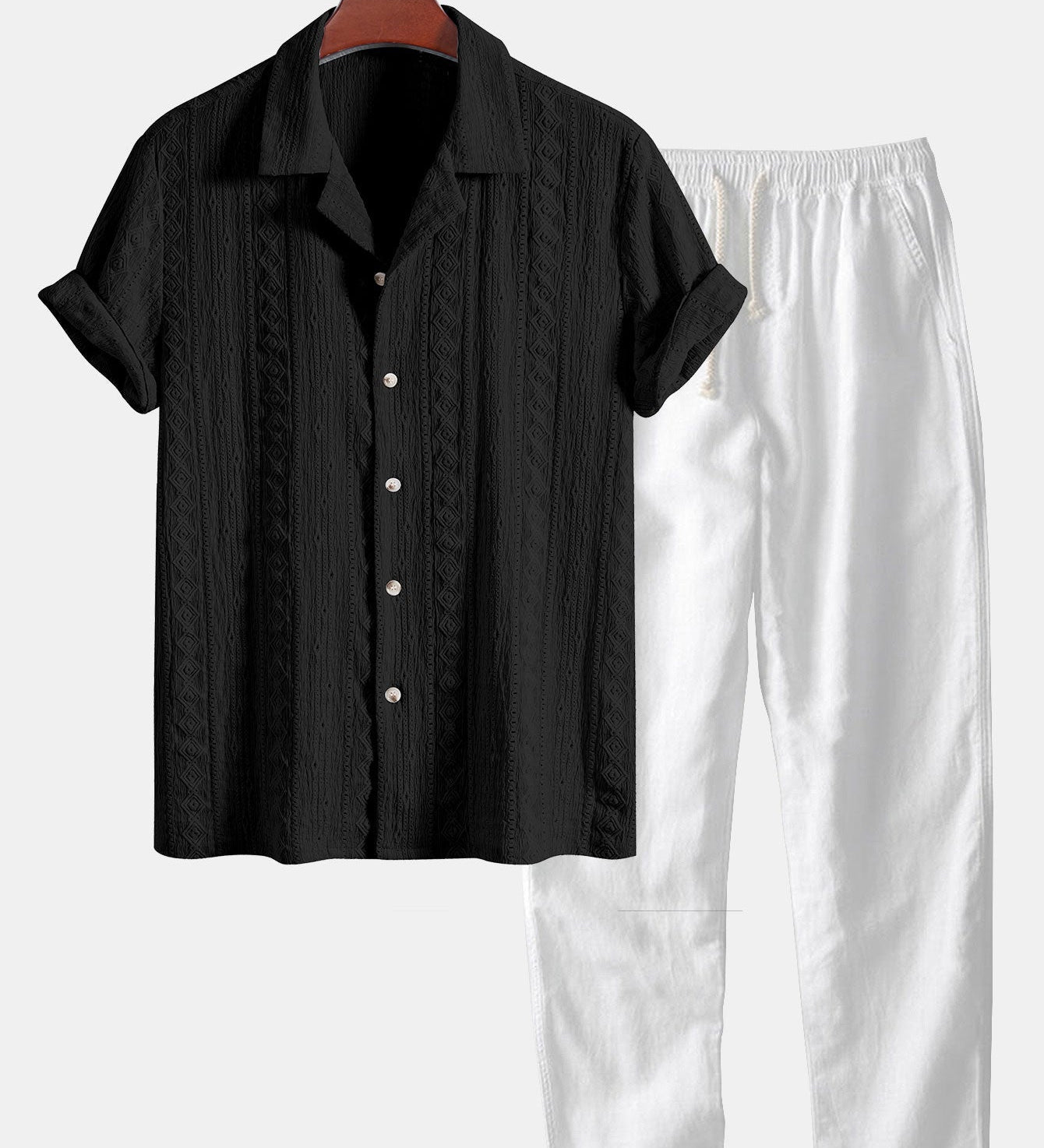 Geometric Jacquard Cuban Shirt with Straight-Leg Linen Trousers