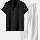 Geometric Jacquard Cuban Shirt with Straight-Leg Linen Trousers