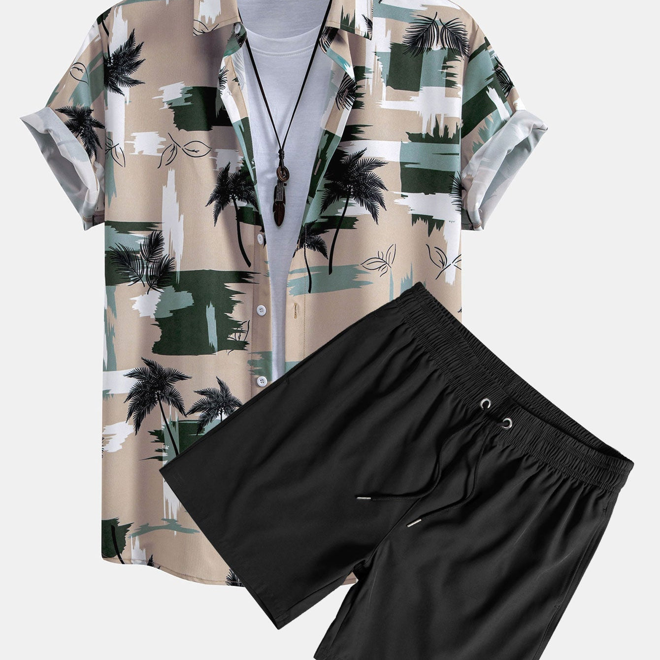 Color Block Palm Tree Print Button-Up Shirt with Matching Swim Shorts