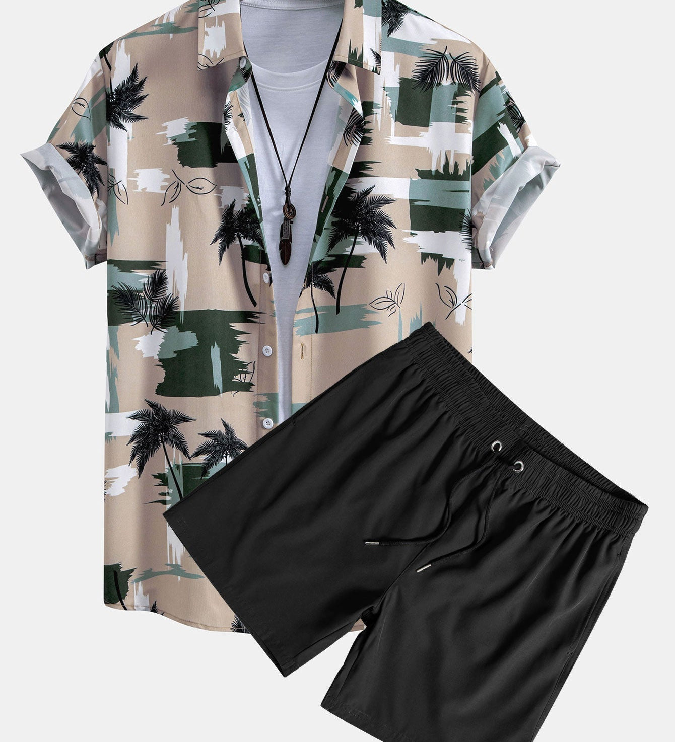 Color Block Palm Tree Print Button-Up Shirt with Matching Swim Shorts