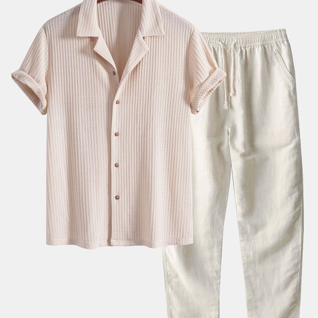 Cuban Collar Short Sleeve Knitted Waffle Shirt with Straight Leg Linen Trousers