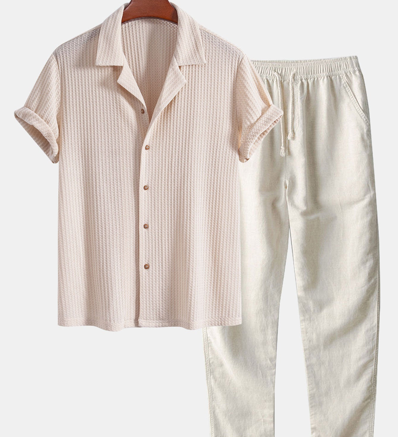 Cuban Collar Short Sleeve Knitted Waffle Shirt with Straight Leg Linen Trousers