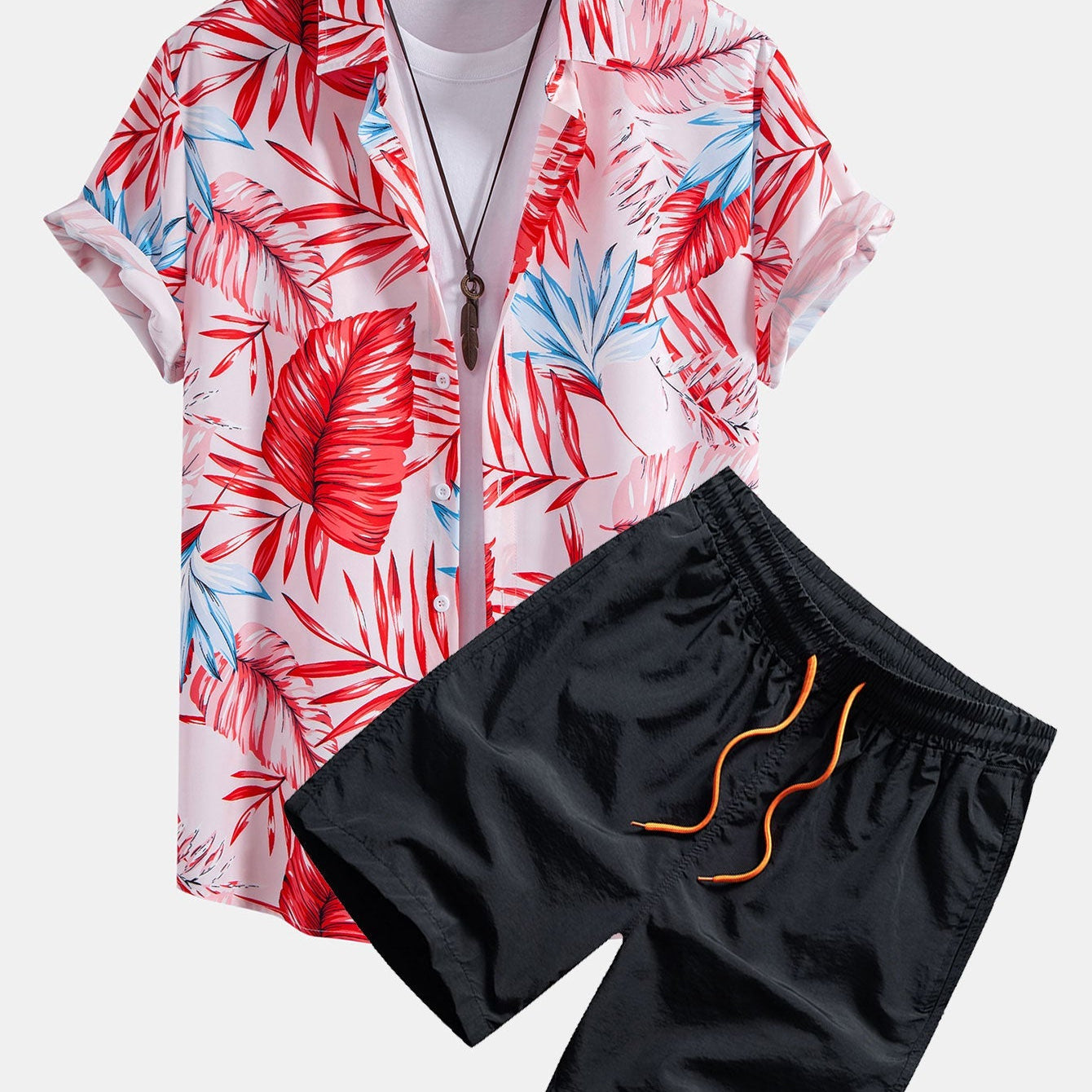 Tropical Print Button-Up Shirt with Matching Swim Shorts