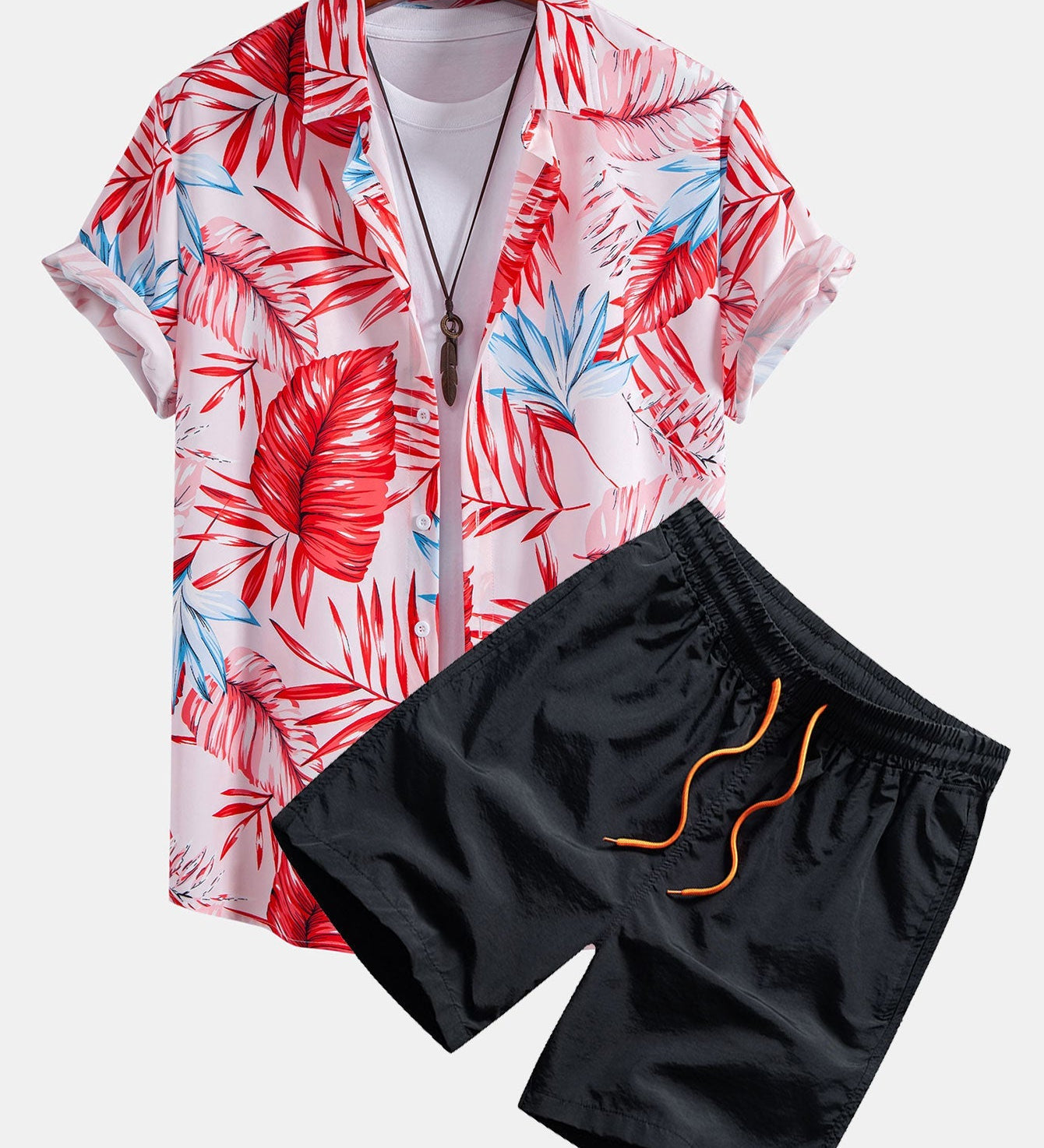 Tropical Print Button-Up Shirt with Matching Swim Shorts