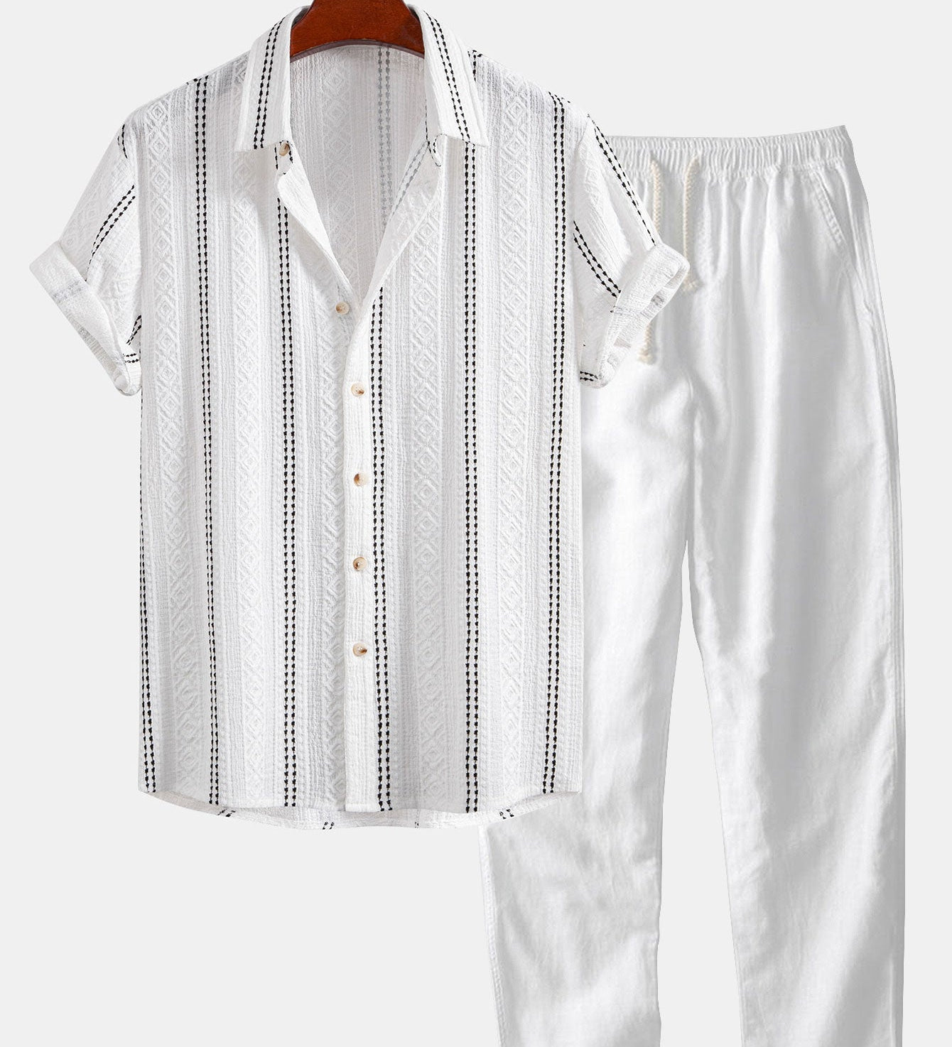 Geometric Striped Jacquard Button Up Shirt & Straight Leg Linen Pants