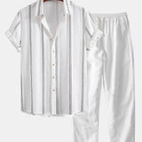 Geometric Striped Jacquard Button Up Shirt & Straight Leg Linen Pants